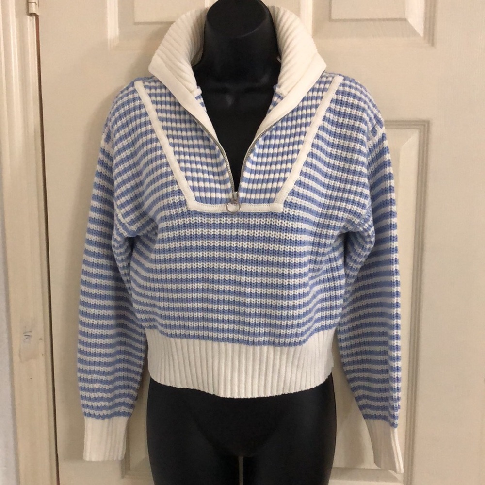 Jessica Simpson blue ecru stripe henley style quarter zipup sweater size medium - Picture 10 of 15